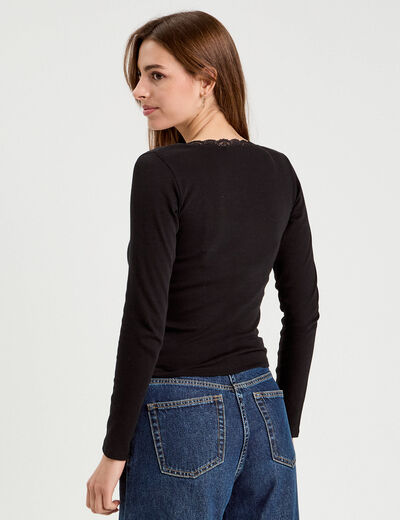 T-shirt manches longues côtelé noir femme