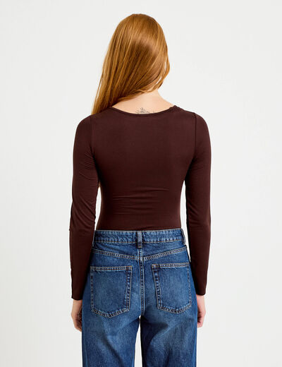 Body thermique col rond manches longues marron fonc&eacute; femme