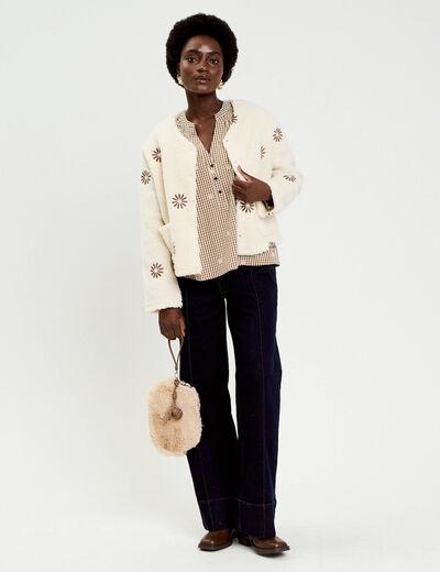 Gilet brod&eacute; effet polaire blanc femme