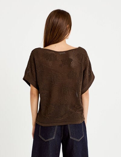 Pull ajour&eacute; col bateau manches courtes marron fonc&eacute; femme
