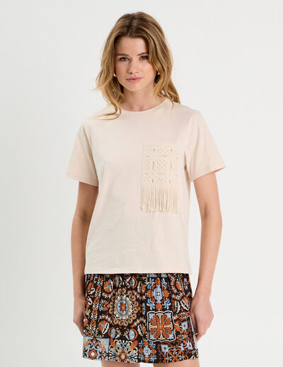 T-shirt poche effet crochet beige femme