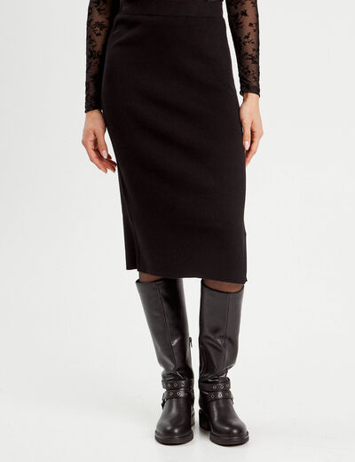 Jupe tricot midi droite noir femme
