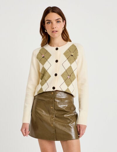 Jupe trap&egrave;ze courte en similicuir vert kaki femme