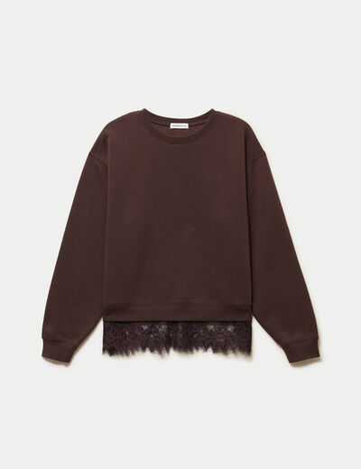 Sweat droit col rond d&eacute;tail dentelle marron fonc&eacute; femme