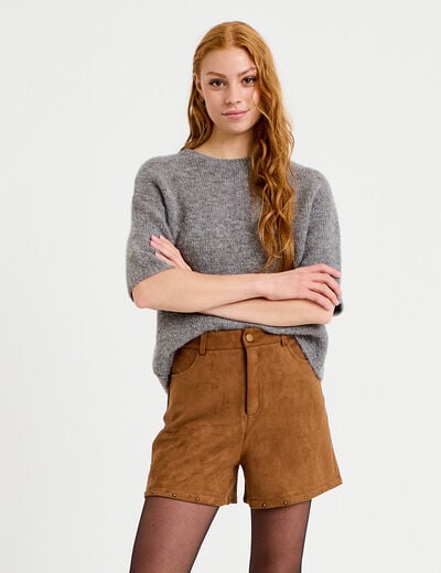Short taille haute aspect daim clout&eacute; camel femme