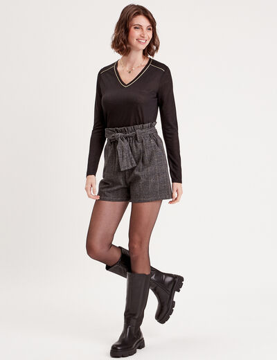 T-shirt col en V avec liserés noir femme