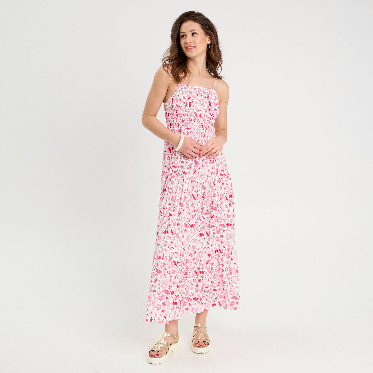 Robe longue évasée smockée rose fushia femme | Vibs