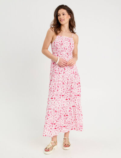 Robe longue évasée smockée rose fushia femme