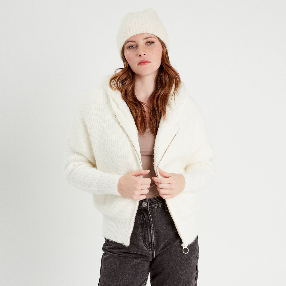 Gilet doublé à capuche ecru femme