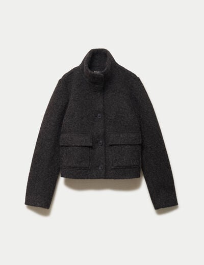Veste droite bouclette col montant gris fonc&eacute; femme