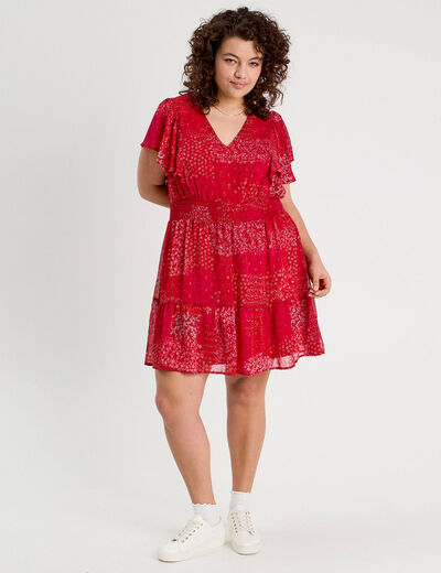 Robe évasée taille smockée rouge femme