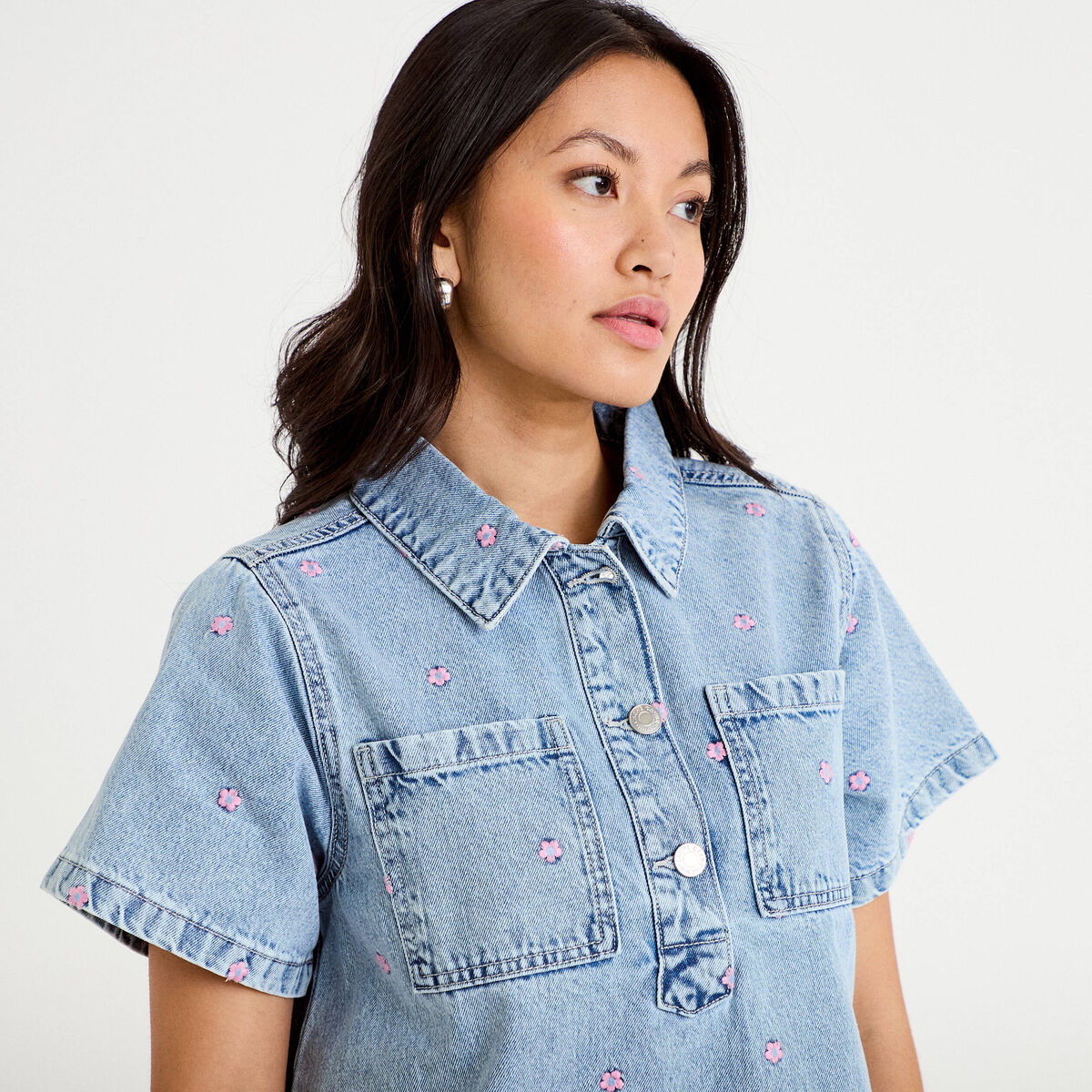 Robe en jean brod&eacute;e bleu fonc&eacute; femme