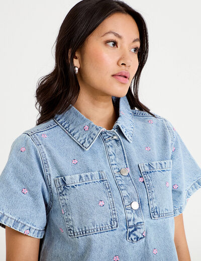 Robe en jean brod&eacute;e bleu fonc&eacute; femme