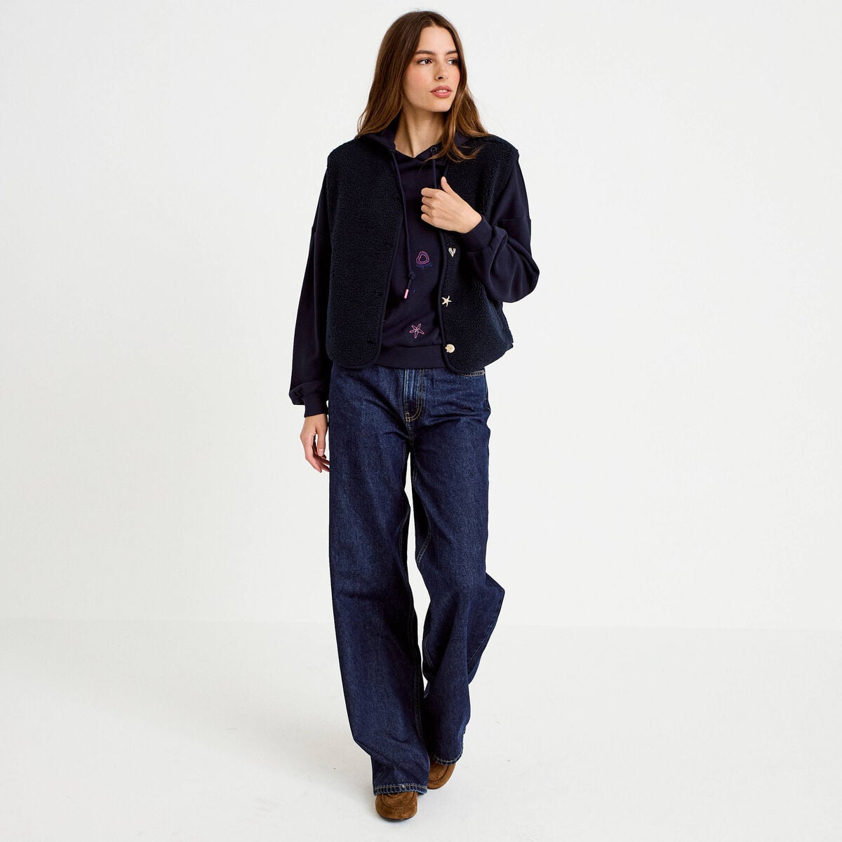 Gilet sans manches effet polaire col v bleu marine femme