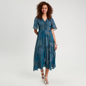 Robe longue évasée col en V bleu foncé femme