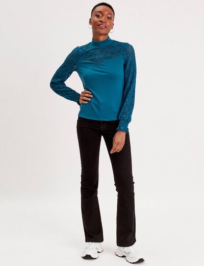 T-shirt col montant dentelle bleu canard femme