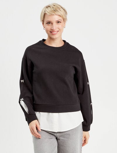 Sweat manches détails bijoux noir femme