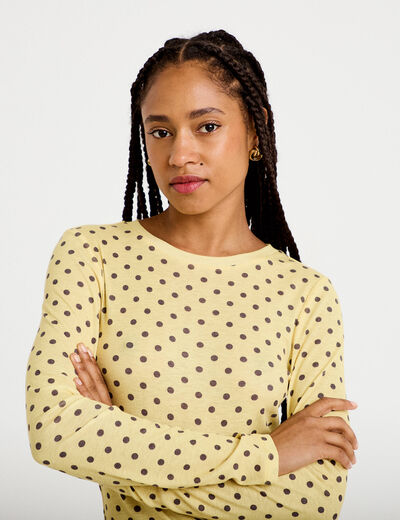 T-shirt ajust&eacute; col rond manches longues jaune clair femme