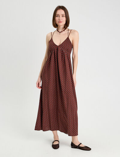 Robe longue évasée bretelles marron cognac femme