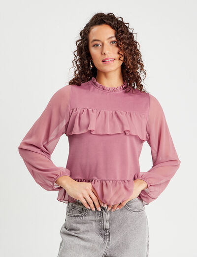 Blouse volants vieux rose femme