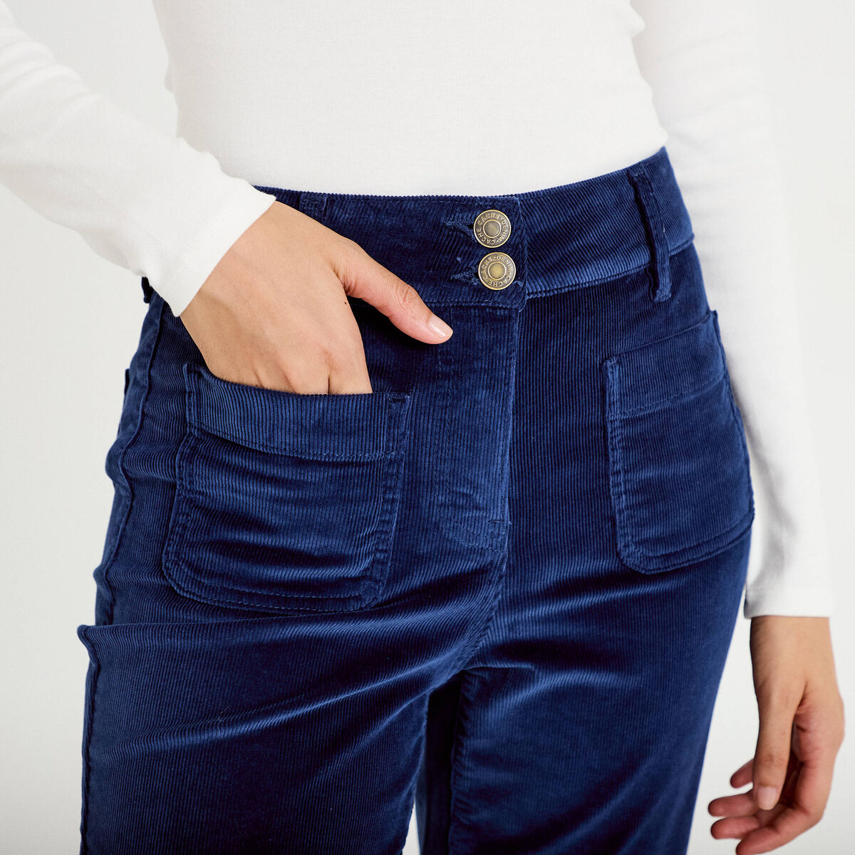 Pantalon bootcut taille haute velours bleu marine femme