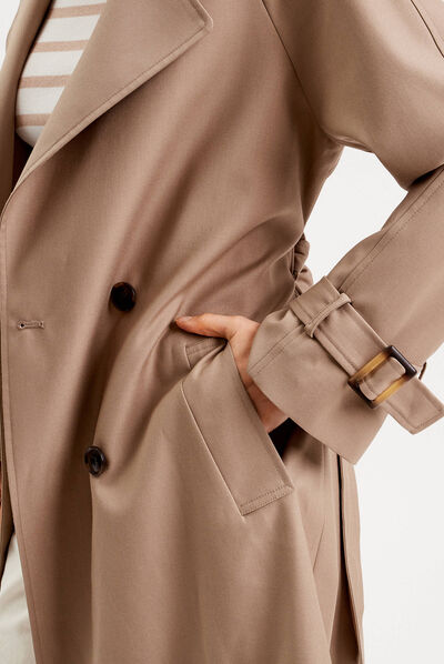 Trench long cintré ceinturé sable femme
