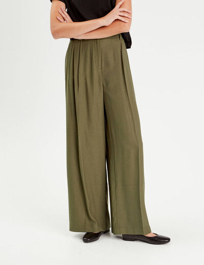 Pantalon large avec pinces vert kaki femme