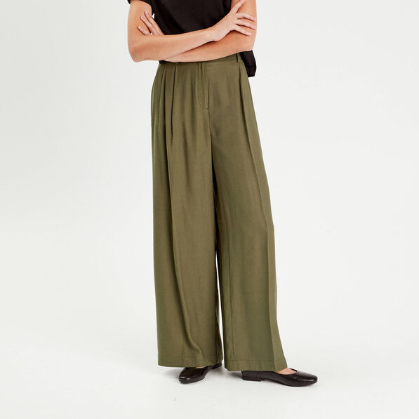 Pantalon large avec pinces vert kaki femme