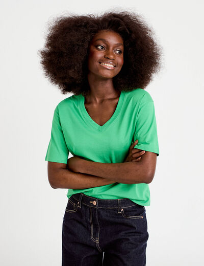 T-shirt col v manches courtes vert femme