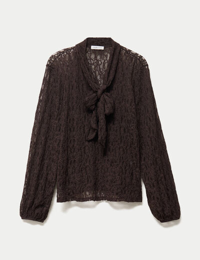 Blouse droite col montant dentelle marron fonc&eacute; femme