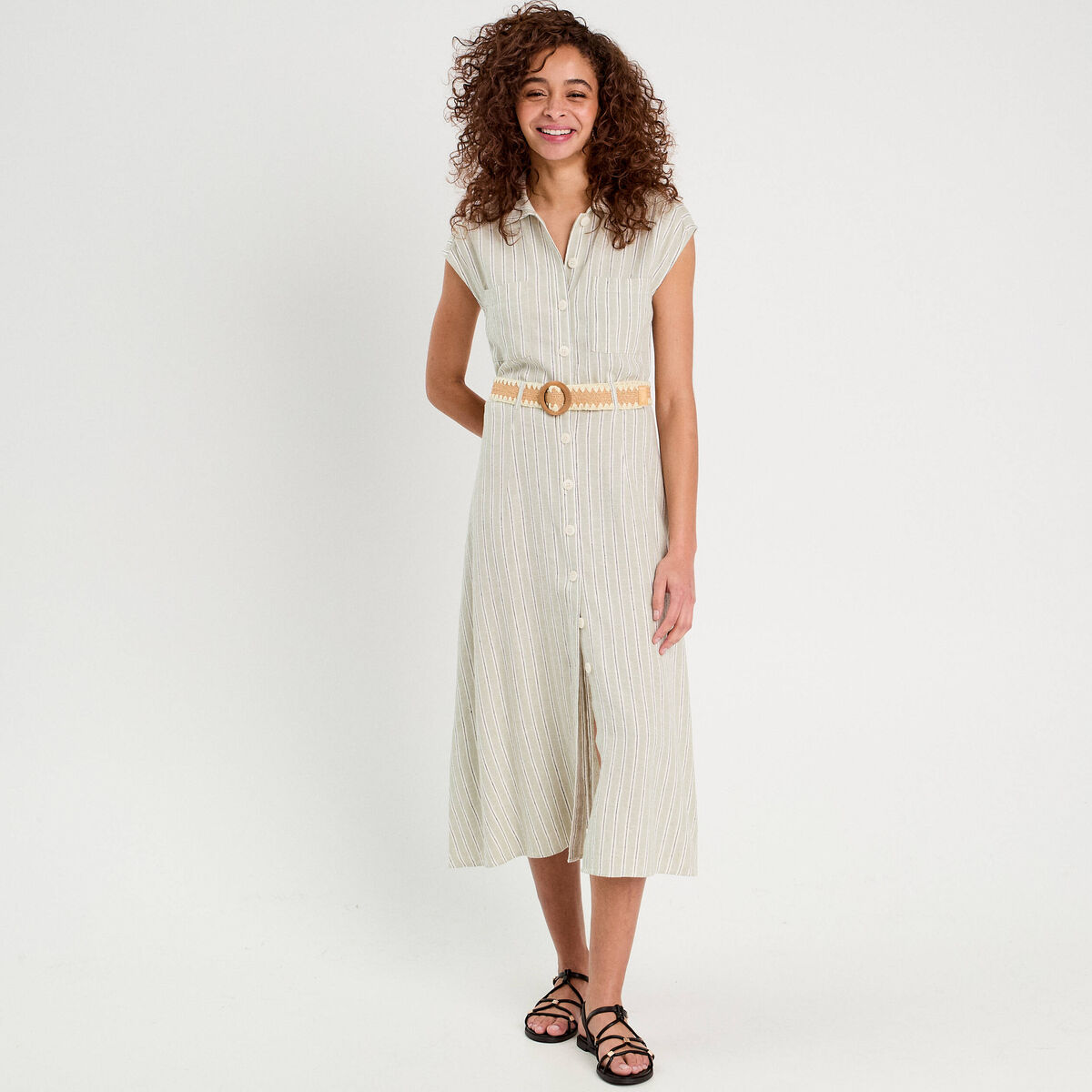 Robe chemise midi contenant du lin vert femme