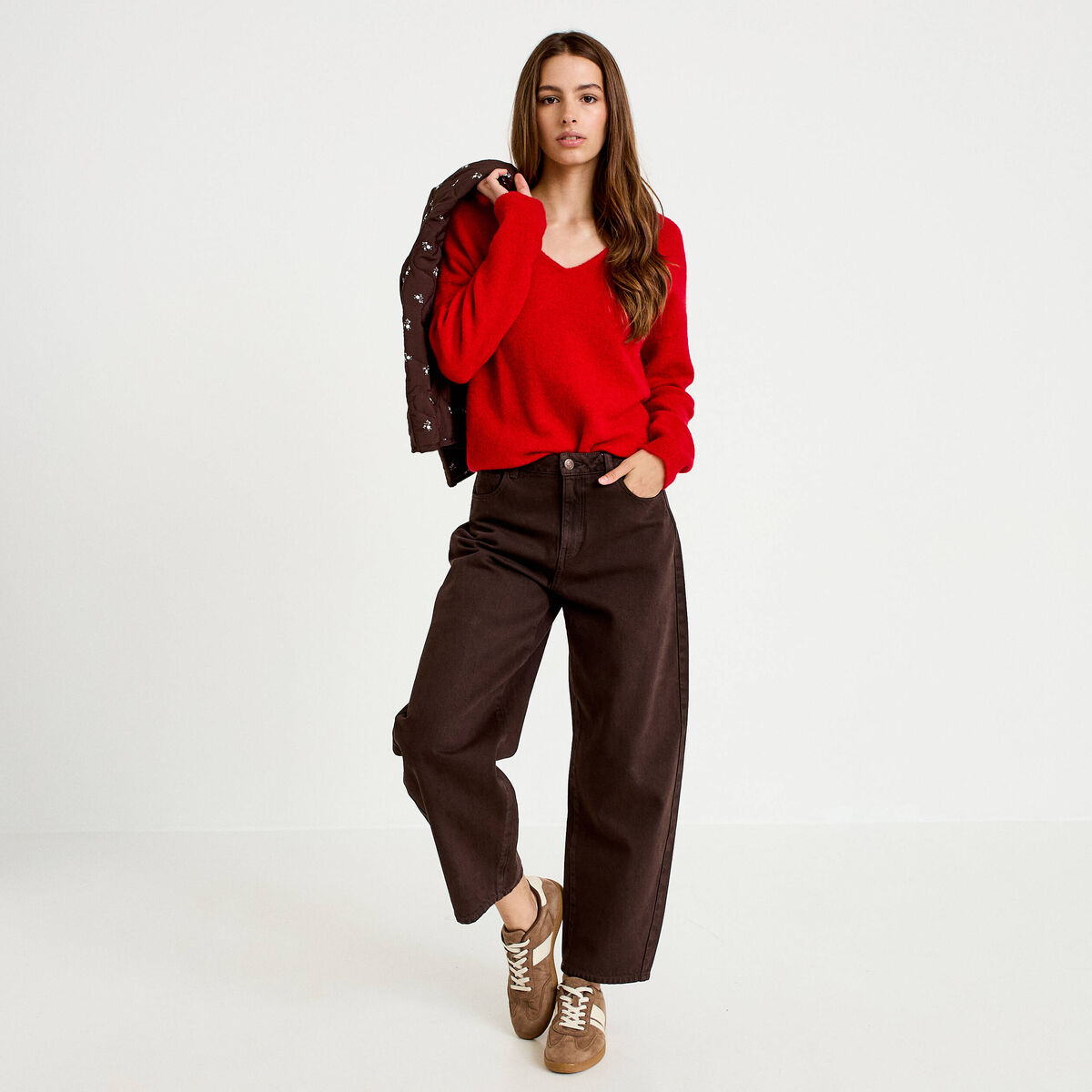 Pull avec col en V rouge femme