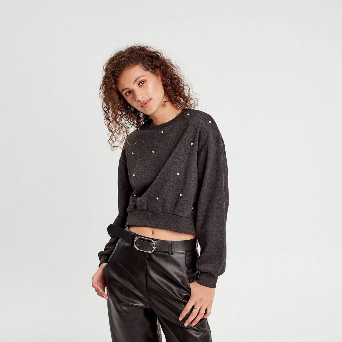Sweat oversize avec perles gris foncé femme