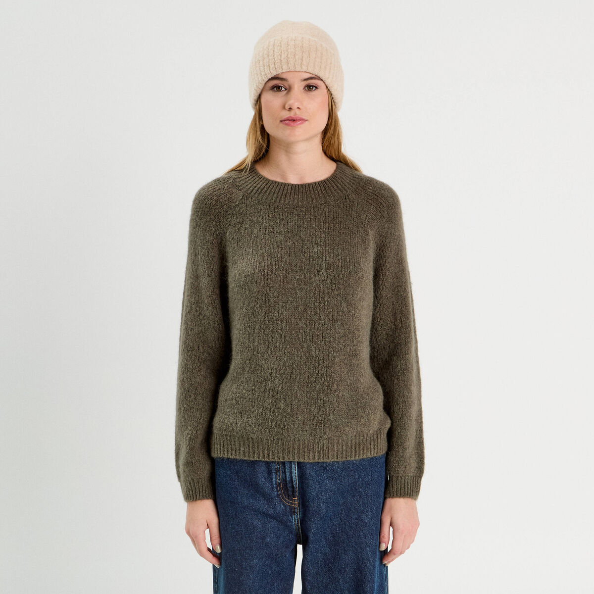 Pull manches longues vert kaki femme
