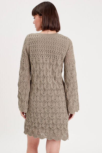 Robe pull droite crochet vert kaki femme