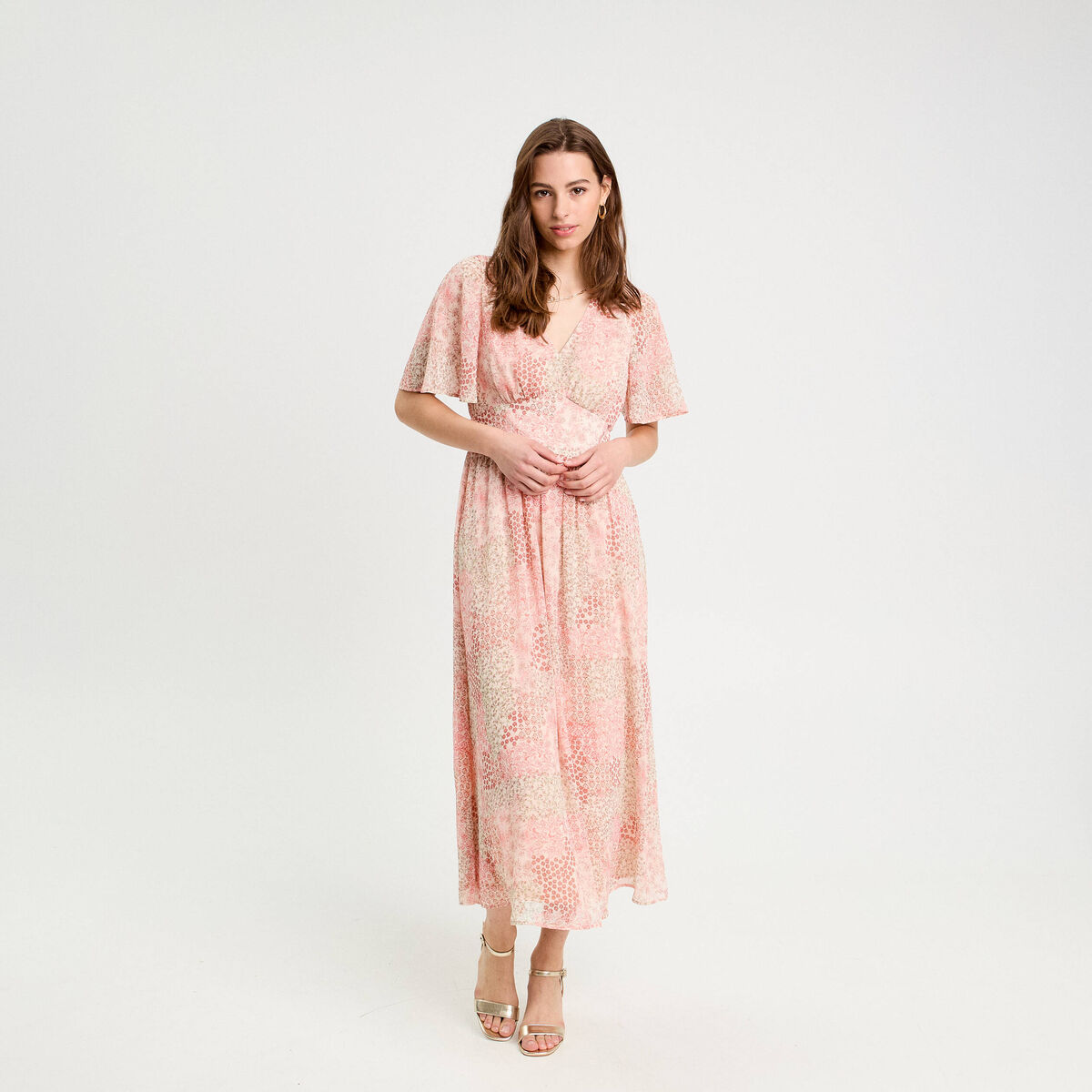 Robe longue évasée col en V blanc femme