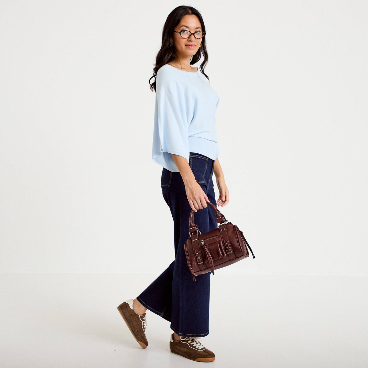 Pull ample manches courtes col rond bleu ciel femme