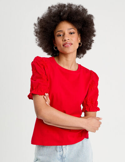 T-shirt manches brodées rouge femme