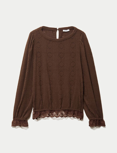 Top droit manches longues col montant marron fonc&eacute; femme