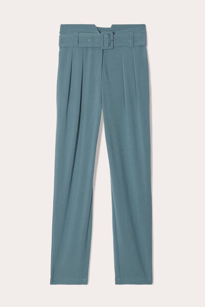 Pantalon cigarette ceinturé vert foncé femme