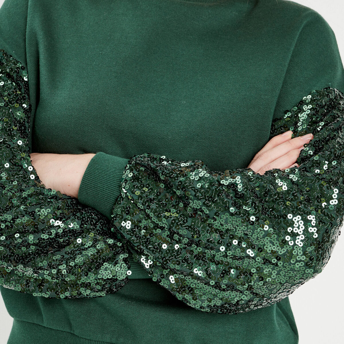 Sweat manches sequins vert foncé femme