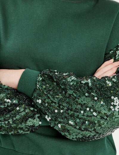 Sweat manches sequins vert foncé femme