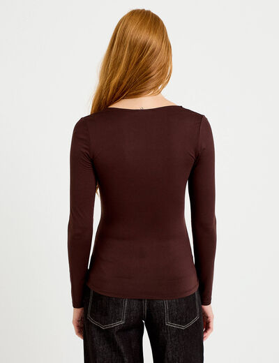 T-shirt thermique col en V plumetis marron fonc&eacute; femme