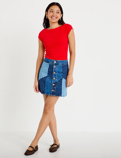 Jupe courte &eacute;vas&eacute;e taille haute en jean denim double stone femme