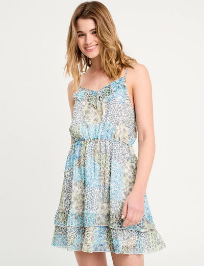 Robe évasée volants bleu femme