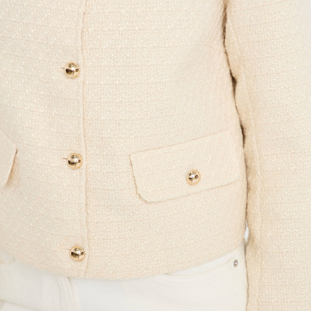 Veste tweed cintr&eacute;e col mao ecru femme