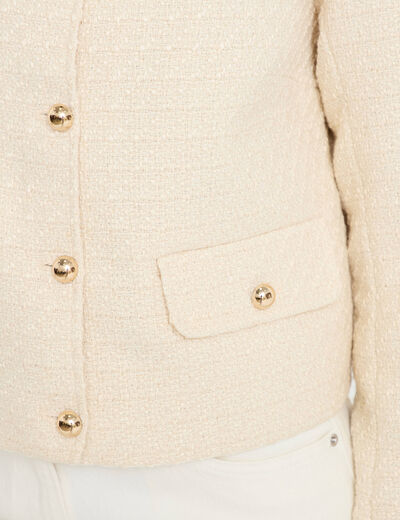 Veste tweed cintr&eacute;e col mao ecru femme