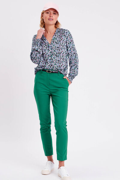 Pantalon cigarette ceinturé vert femme