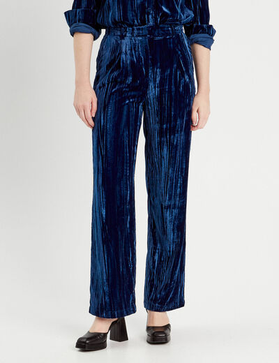 Pantalon large fluide velours bleu foncé femme