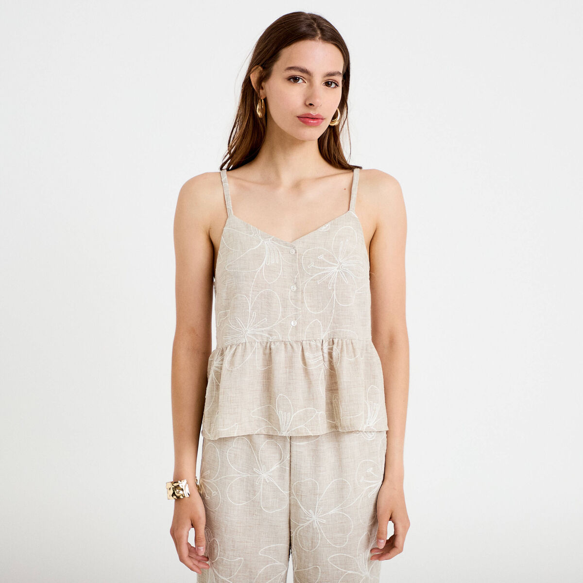 Top col v bretelles fines chin&eacute; beige femme